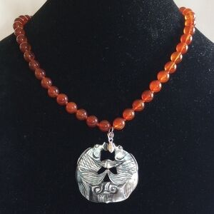 Carnelian Bead Necklace with STERLING Silver Abalone Fishes Pendant